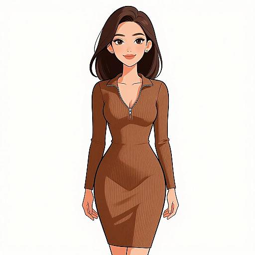 Digital anime-style drawing of a smiling woman with long black hair, wearing a brown, ribbed, long-sleeved dress with a zipper. White
