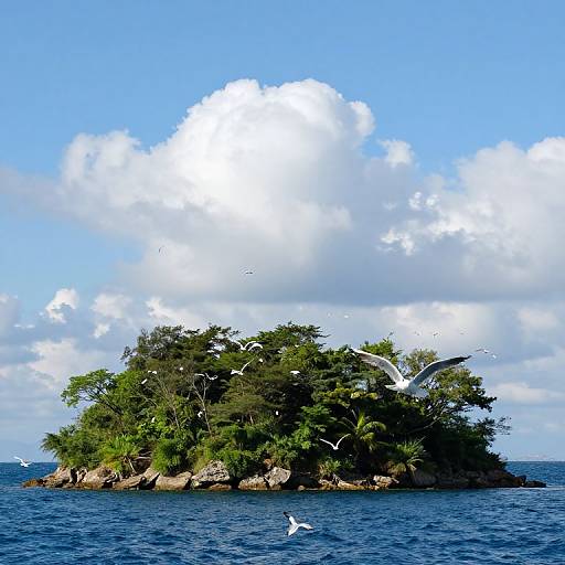 Photograph of a small, lush green island with dense trees, surrounded by blue ocean and white clouds, with several seagulls flying.