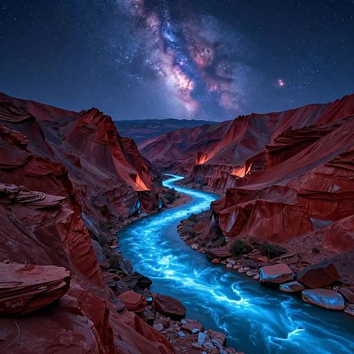 Photograph of a vivid, starry night sky over a glowing blue river winding through red, rocky desert canyon with jagged cliffs. Milky Way visible