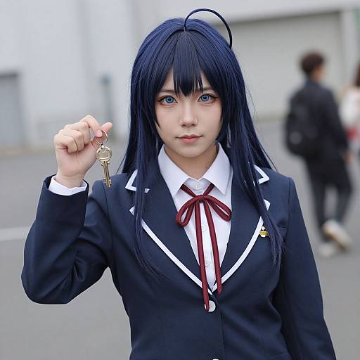 Photograph of a Japanese woman in a black school uniform with blue hair, holding a key, outdoors with blurred background.