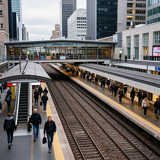 Photograph of a busy urban train station with two platforms, multiple people walking, and tall buildings in the background.