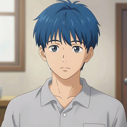 Anime-style digital drawing of a young man with blue hair and blue eyes, wearing a white collared shirt, looking serious. Blurred background with a