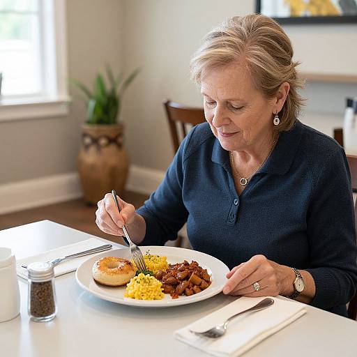 Photograph of a middle-aged woman with short blonde hair, wearing a navy blue polo shirt, eating breakfast at a white table, featuring scrambled eggs,