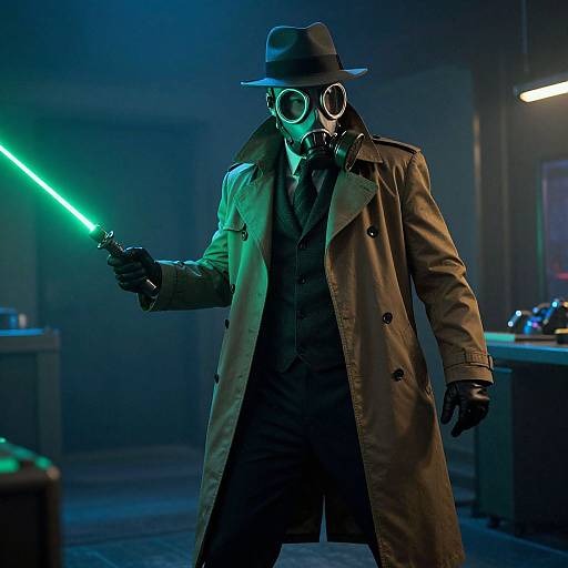 Photograph of a masked man in a trench coat, fedora, gas mask, and gloves, holding a glowing green lightsaber in a dark,