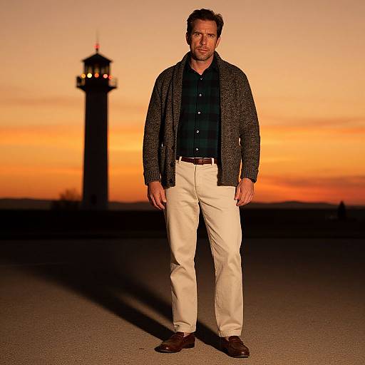 Photograph of a man with short brown hair, wearing a black shirt, gray cardigan, white pants, brown shoes, standing in front of a