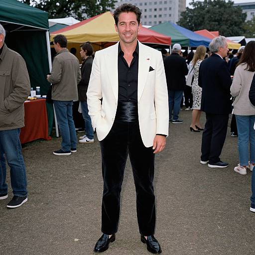 Photograph of a smiling man in a white blazer and black shirt, standing at an outdoor event with colorful tents and people in the background.