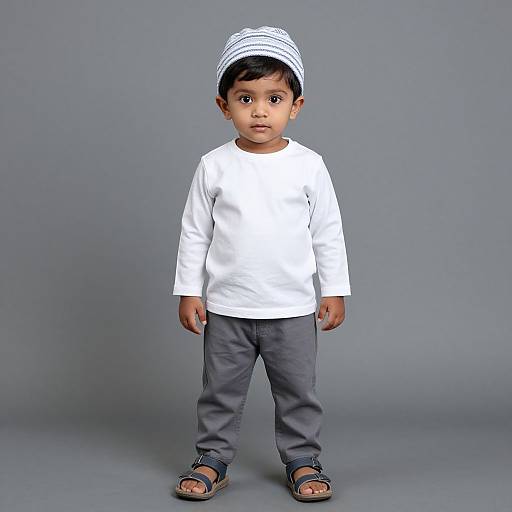 Photograph of a young boy with dark hair, wearing a white long-sleeve shirt, gray pants, black sandals, and a striped white cap