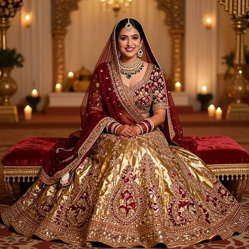 Photograph of a smiling South Asian bride in an elaborate maroon and gold traditional lehenga, adorned with intricate embroidery and jewelry, seated on a red