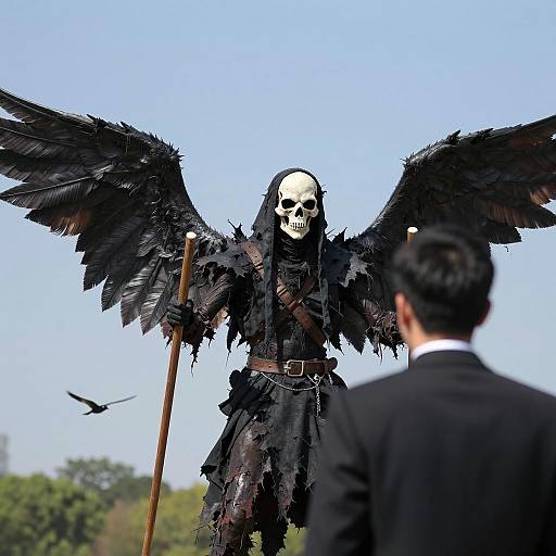 Black Winged Skeleton Figure Facing Man in Suit