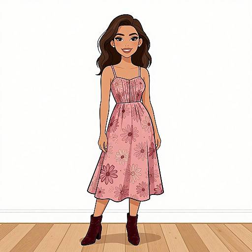 Digital illustration of a smiling woman with long dark brown hair, wearing a pink floral dress, black ankle boots, standing on wooden floor against a white background