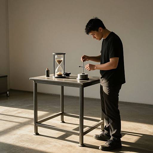 Photograph of an Asian man in black clothes, standing by a simple wooden table with a sand timer and small items, in a sunlit, minimalist