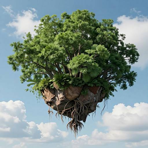 Photorealistic CGI of a floating tree with lush green foliage, roots dangling, against a bright blue sky with fluffy white clouds.
