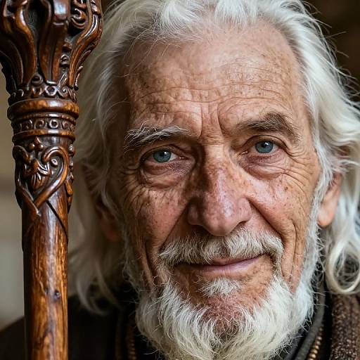 Close-up photograph of an elderly man with white hair, blue eyes, and a white beard, holding an ornately carved wooden cane, smiling gently.