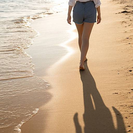 Photograph of a woman in denim shorts and white shirt walking on a sunlit beach, casting long shadows on wet sand.