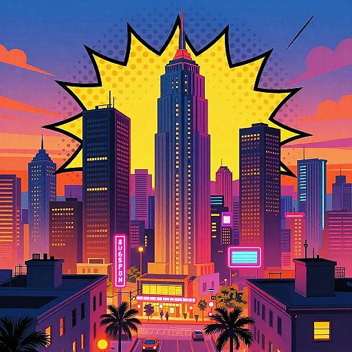 Vibrant digital illustration of a neon-lit cityscape at sunset, featuring tall skyscrapers with bold, comic-style yellow sunburst background and
