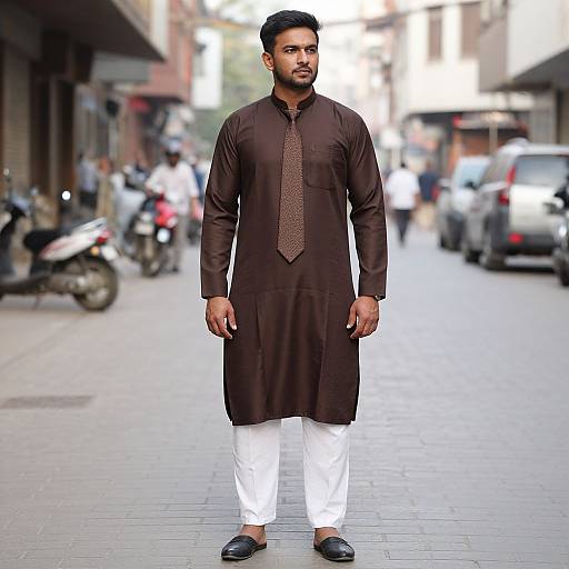 Photograph of a bearded South Asian man in a black kurta with a brown patterned necktie, white pants, and black shoes, standing