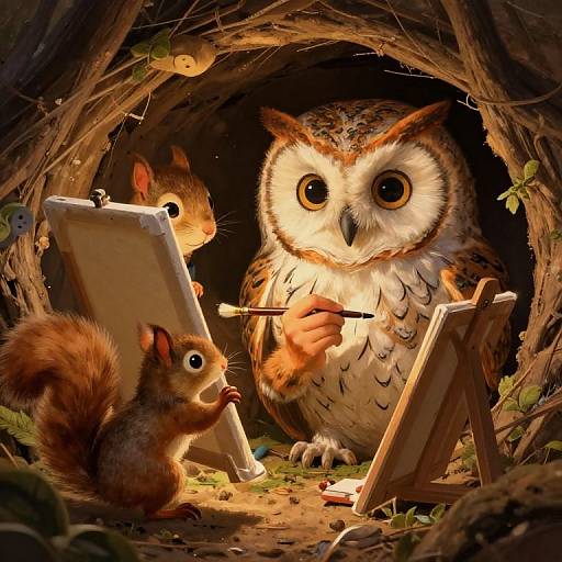 Whimsical digital painting of a large owl and two small squirrels painting at wooden easels in a cozy, dimly lit cave.