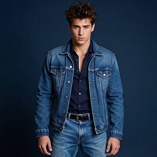 Photograph of a handsome, dark-haired man with tousled hair, wearing a blue denim jacket over a black shirt, and blue jeans, standing against