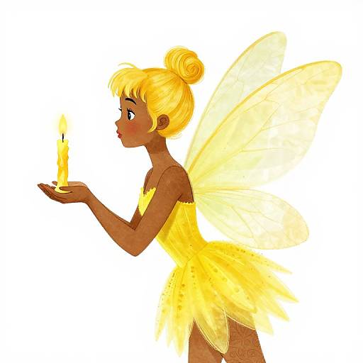 Digital illustration of a blonde fairy with yellow wings and dress, holding a glowing candle, in profile against a white background.