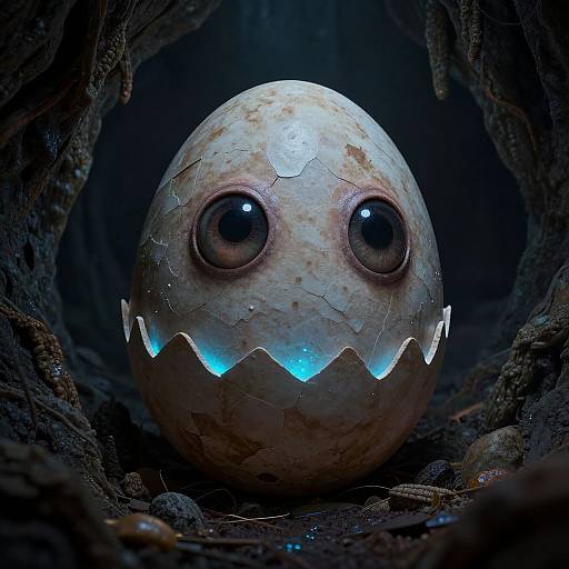 Digital artwork of a creepy, cracked egg with glowing blue teeth and wide, black eyes, set in a dark, rocky cave.