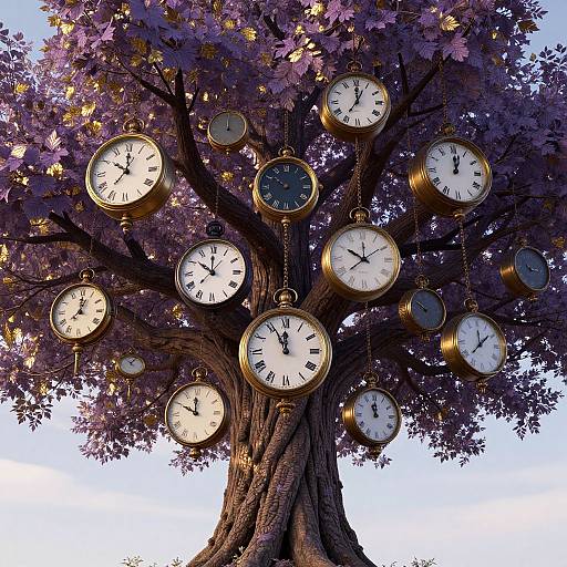 Digital artwork of a tree with purple flowers, each branch bearing a gold, round pocket watch displaying different times against a clear blue sky.