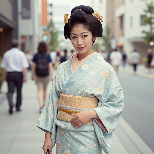 Photograph of an Asian woman in a light blue, floral-patterned kimono with a peach obi, standing on a busy city street, blurred