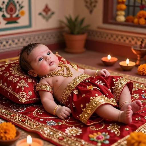 Photograph of a baby with dark hair, wearing gold jewelry and red embroidered attire, lying on a patterned red rug, surrounded by lit candles and