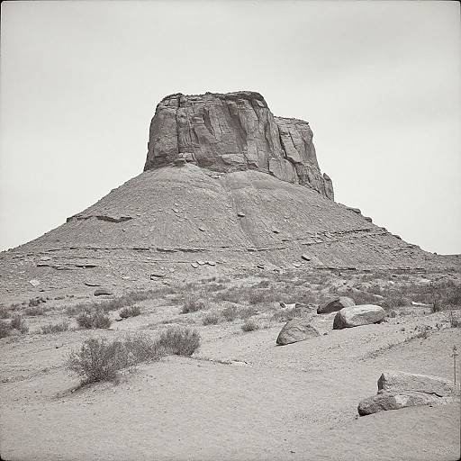 Monochromatic photograph of a rugged, desert landscape with a prominent, towering rock formation centered against a stark white sky. Sparse, dry bushes dot the