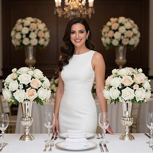 Photograph of a smiling woman with long dark hair in a white, sleeveless satin dress, standing between two floral centerpieces in a formal, dim
