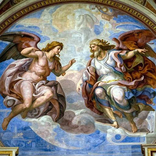 Baroque-style fresco of two angels with wings, one in pink and the other in white and blue, interacting amidst clouds.