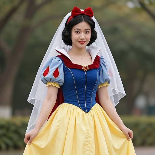 Photograph of an East Asian woman in a Snow White costume with blue bodice, yellow skirt, white veil, and red bow, smiling outdoors with