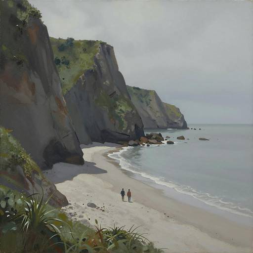 Painting of Coastal Cliffs and Beach Walkers