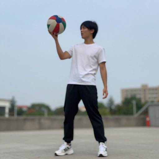 Photograph of an Asian man in a white t-shirt, black pants, and white sneakers, mid-dribble a colorful volleyball outdoors.