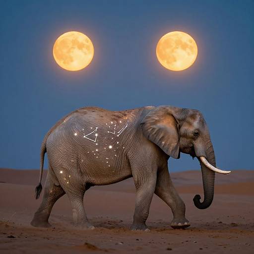 Photograph of a gray elephant with glitter on its back walking in a desert under a clear night sky with two bright, full moons.