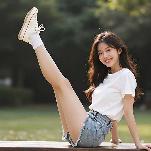 Young Asian woman with long brown hair, smiling, wearing white t-shirt, denim shorts, and white sneakers, lying on bench with one leg raised,