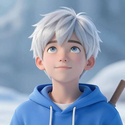 CGI Young Boy with White Hair in Blue Hoodie