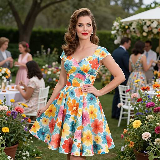 Photograph of a smiling woman with wavy brown hair, red lipstick, wearing a colorful floral dress, standing in a vibrant garden with flower arrangements and