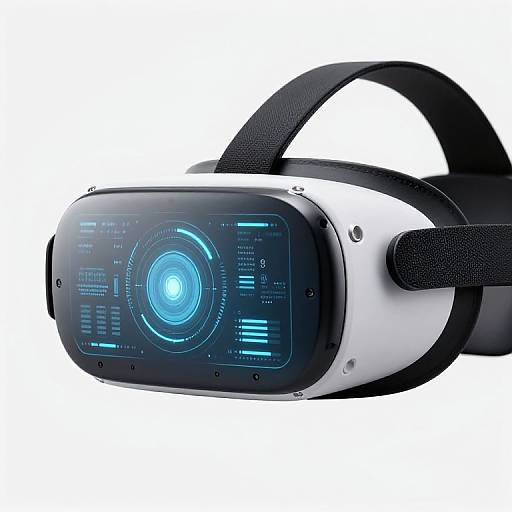 Photograph of a sleek, white and black virtual reality headset with a glowing blue circular interface and black strap, set against a plain white background.