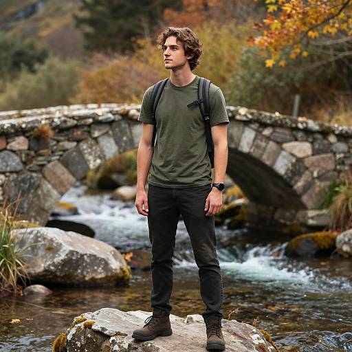 Young man standing by stone bridge and stream