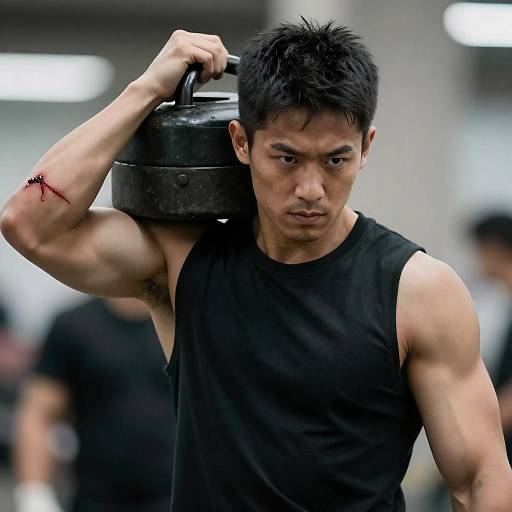 Determined Man with Wounded Arm Carrying Weight