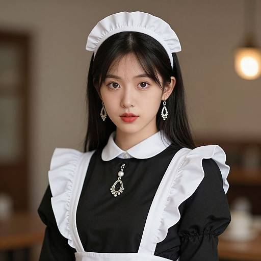 Photograph of a young Asian woman with long black hair, wearing a black and white maid outfit, frilled headpiece, and diamond earrings, standing