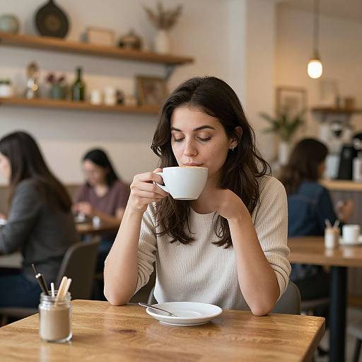 Photograph of a young woman with long dark hair, wearing a white sweater, sipping from a white cup at a cozy café. Background shows blurred