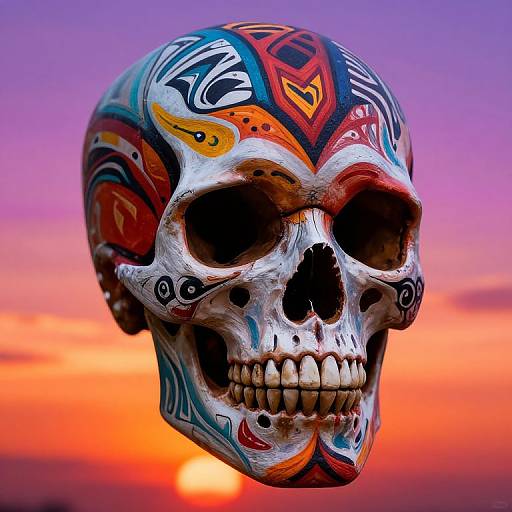 Photograph of a vibrant, colorful skull with intricate patterns against a vivid orange and purple sunset sky, featuring a glowing sun in the background.