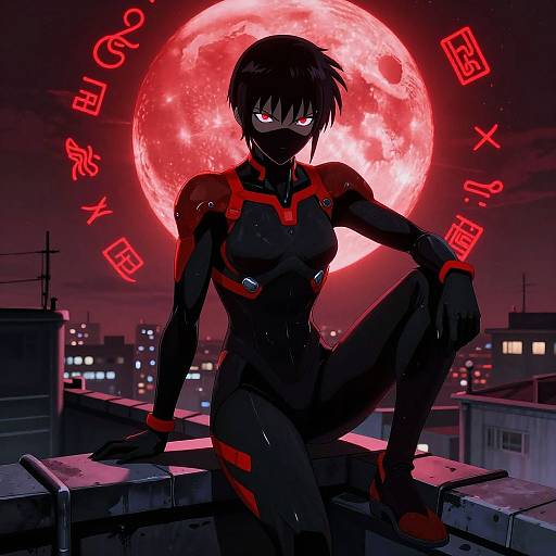 Digital anime-style artwork of a black-haired, red-eyed, masked female in a black and red bodysuit, sitting on a rooftop with a glowing