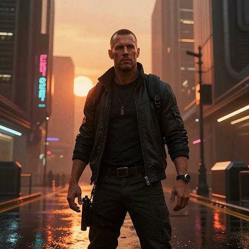 Photorealistic CGI of a muscular, serious-looking man in a black jacket and pants, holding a gun, standing in a neon-lit, rain