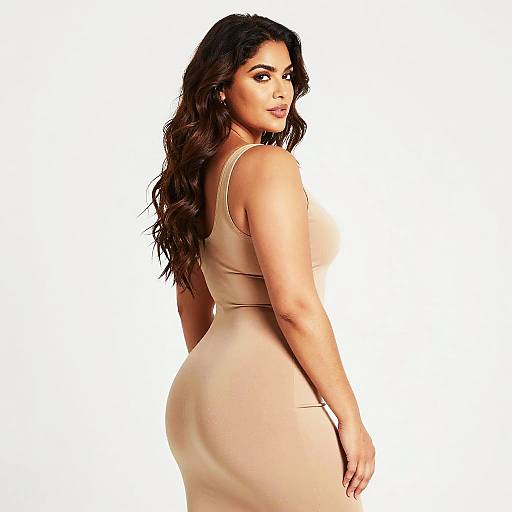 Confident Curvy Woman in Beige Dress