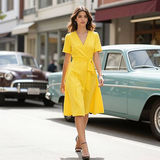 Photograph of a young woman with wavy brown hair, wearing a bright yellow, short-sleeved, V-neck dress and black sandals, walking