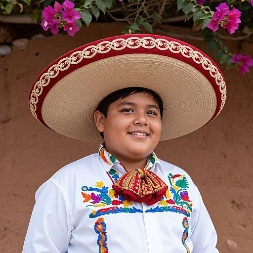 Photograph of a smiling young boy with medium brown skin, wearing a large woven sombrero, white shirt with colorful embroidery, and red bowtie,