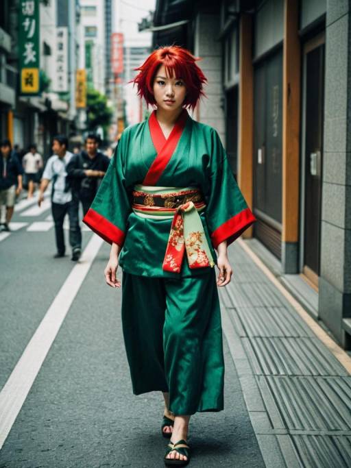 Woman in Green Kimono Walking in City Street