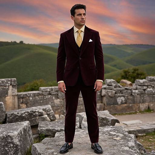 Photograph of a serious, dark-haired man in a brown suit with a yellow tie, standing on ancient stone ruins, with rolling green hills and a
